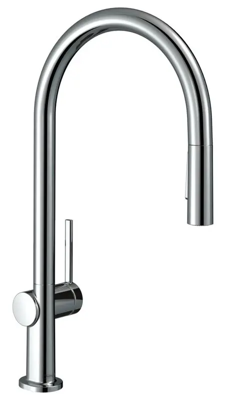 Hochwertiger Küchenmischer von Hansgrohe mit hohem, geschwungenem Auslauf und integrierter Ausziehbrause. Einhebelbedienung, verchromte Oberfläche.